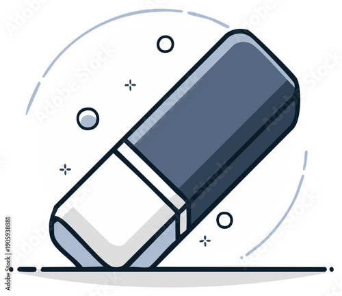 Stylized illustration of a blue and white eraser with abstract circular lines and dots