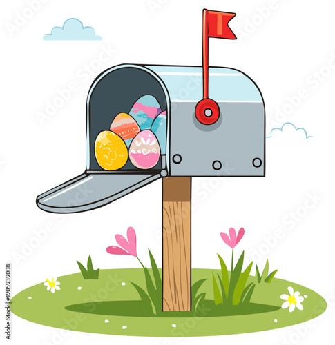 Festive mailbox filled with colorful Easter eggs on a grassy lawn with spring flowers and fluffy clouds