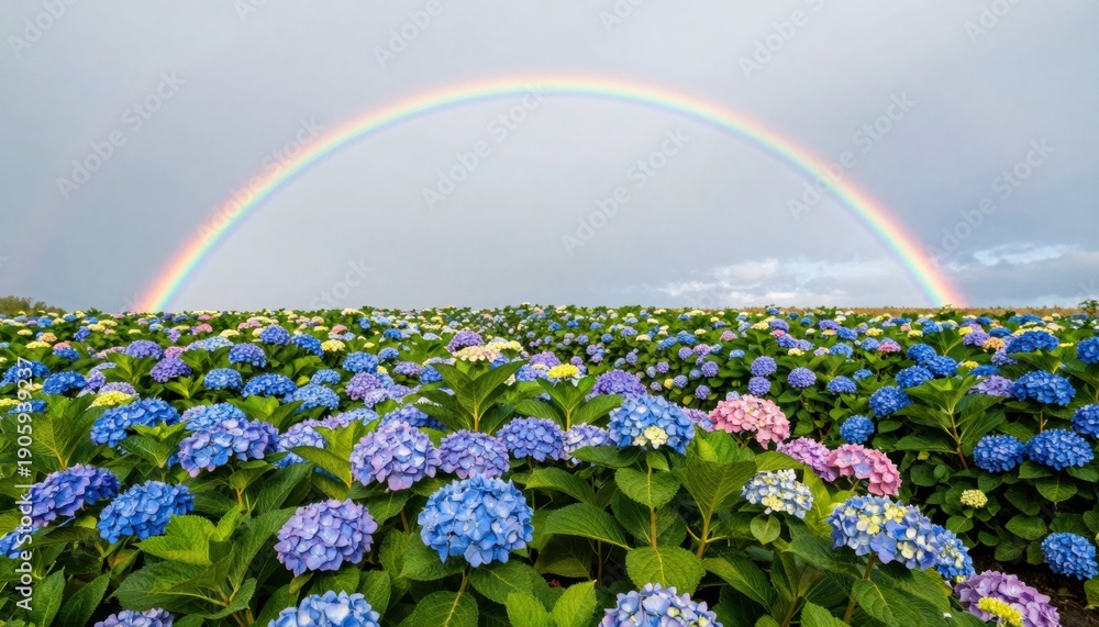 Fototapeta premium Rainbow over hydrangea fields nature photography scenic landscape colorful blooming plants vibrant environment