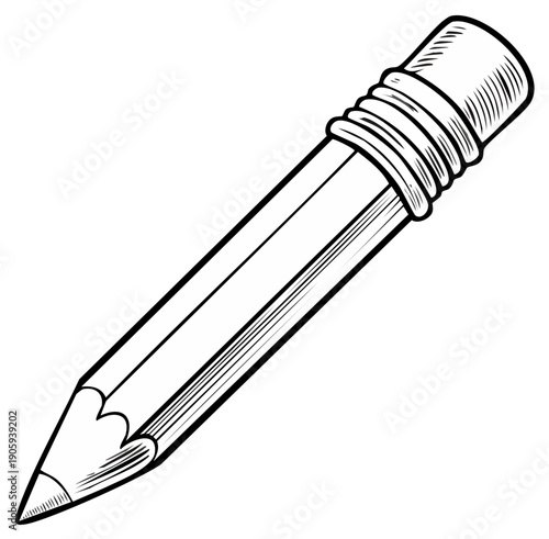 Classic black and white line art illustration of a sharpened pencil with an eraser for school and office