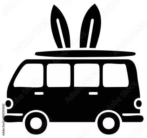 Retro surf van with Easter bunny ears and a surfboard on the roof rack vector icon