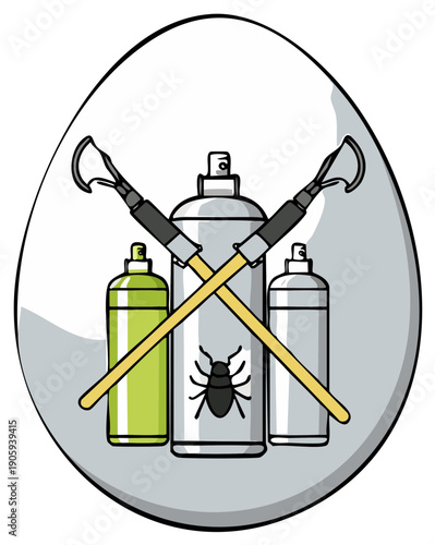 Insecticide spray cans and bug illustration inside egg shape, pest control concept.