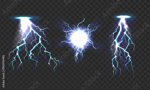 Blue Electric Lightning Bolts Isolated on Transparent Background