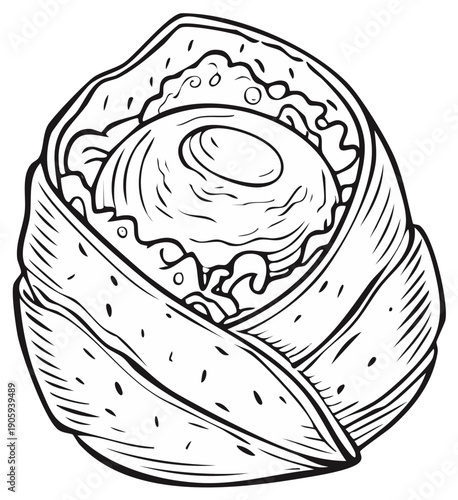 Hand drawn breakfast burrito with a sunny side up egg illustration