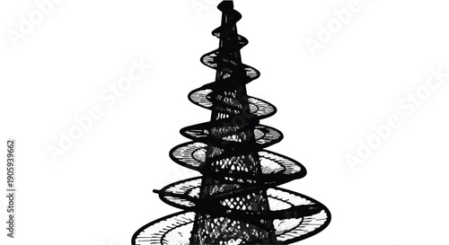 Modern black silhouette tower with spiral design elements on white background, architectural concept, urban landscape, futuristic structure, cityscape, modernity