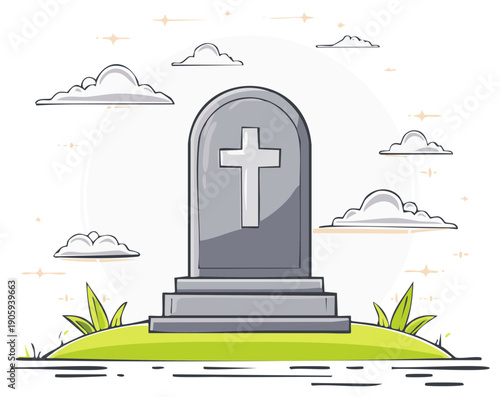 Cartoon illustration of a gravestone with a cross on top surrounded by clouds and grass