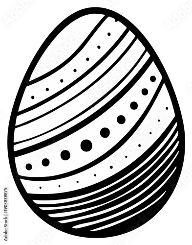 Easter egg illustration, black and white design, ornamented with lines and dots.