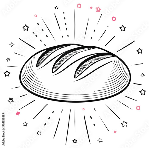Illustration of a loaf of bread, surrounded by stars and radial lines