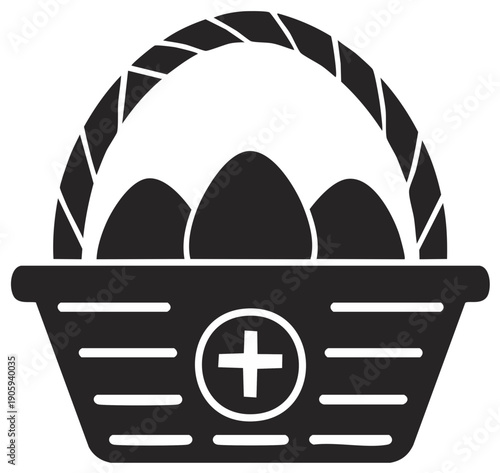 Basket of eggs with plus sign glyph icon for Easter holiday shopping and healthy food concept