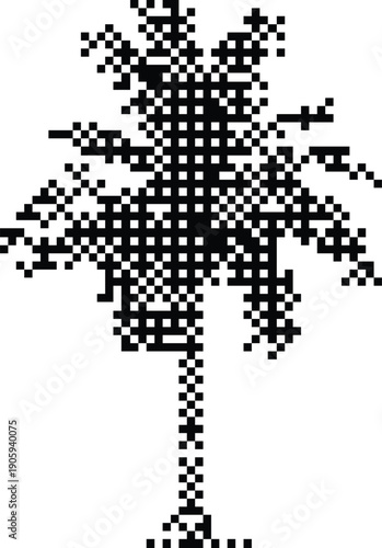 Tropical palm tree illustration in black and white featuring retro dithered stipple shading and minimalist 1-bit pixel art style.