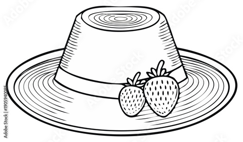 Pudding dessert with strawberries drawing - engraved outline, sweet creamy treat sketch, monochrome illustration for menu