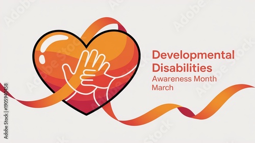 Developmental Disabilities Awareness Month March Logo with Hand Silhouette Inside a Red Heart and Flowing Satin Ribbon for Charity Events