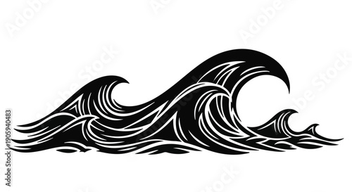 Black wave ocean surf illustration with white lines on isolated background for design element or tattoo art