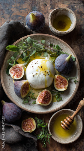 Beautifully presented small plate of burrata with figs, small bowl of olive oil, rustic style, professional quality illustration.