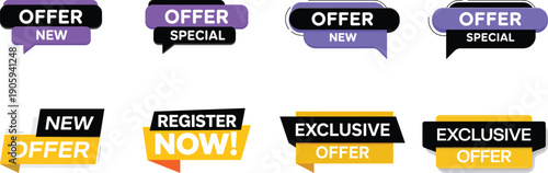 Set of colorful promotional banners with special offer new register now and exclusive deal labels for e-commerce marketing and retail sales