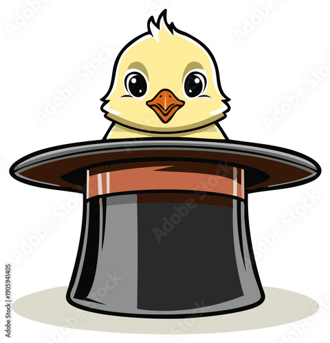 Cartoon chick looks out from a tall black magician's hat with copper details in a vector design