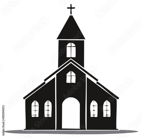 Traditional Christian Church Building With Steeple and Cross Silhouette