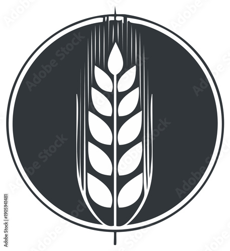 Stylized illustration of a wheat stalk within a dark circle on a white background