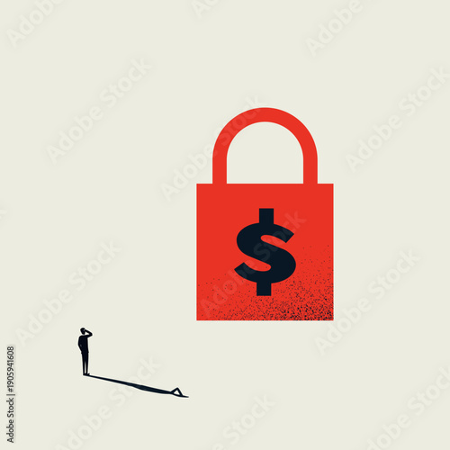 A minimal vector concept illustration of business money protection. A man looks at a giant red lock with a dollar sign, symbolizing safe financial security and investment safety.