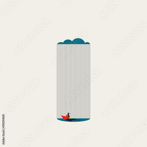 A minimal vector illustration of a business risk concept. A man in a red paper boat navigates a bad rainy day storm, symbolizing a negative outlook and danger of capsizing in a crisis.