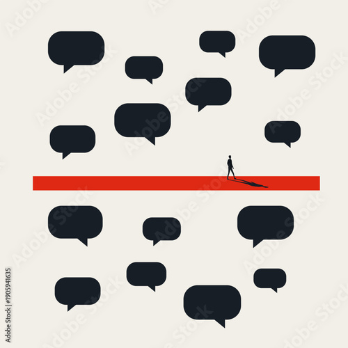 A minimal vector illustration of a business communication concept. A man walking on a red line cuts through the noise of speech bubbles, symbolizing a filter for clarity and focus in strategy.