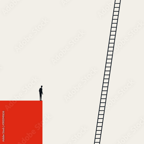 A minimal vector illustration of a business challenge. A corporate man looks at a tall ladder, symbolizing a difficult career opportunity, ambition, and growth concept.