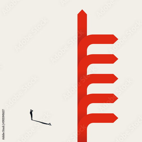 A minimal vector illustration of a business career choice concept. A corporate man faces a decision path with multiple ways, symbolizing ambition and ladder growth opportunities.
