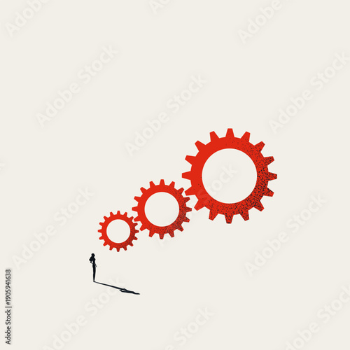 A minimal vector illustration of a business automation concept. A woman looks at red gears, symbolizing a process system, technology optimization, and operational efficiency workflow.