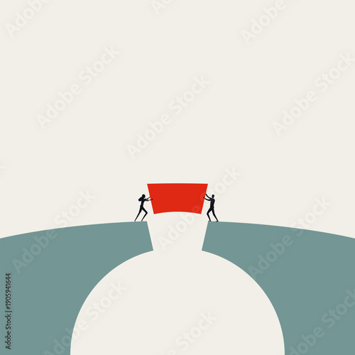 A minimal vector illustration of business teamwork. A team works together to build a bridge, symbolizing cooperation and connection in a corporate concept.