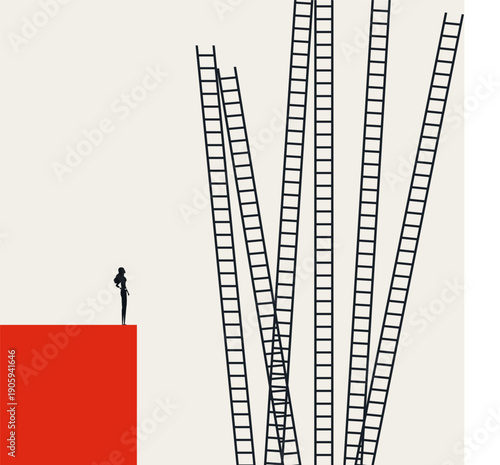 A minimal vector illustration of a business career concept. A corporate woman faces a difficult decision with multiple ladders, symbolizing choice and opportunities in a competitive market.