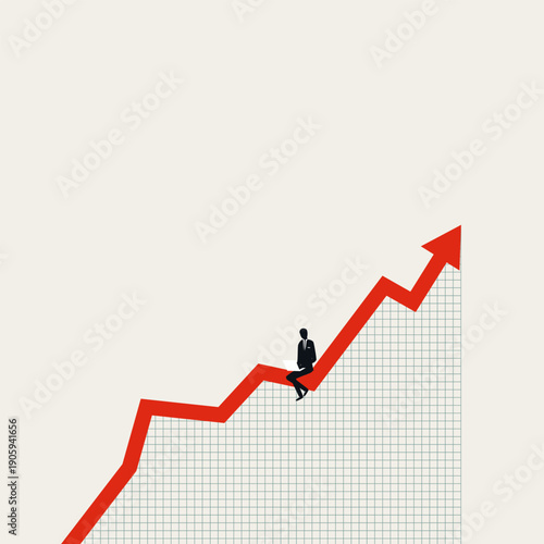 A minimal vector illustration of business market analysis. An analyst man with a laptop sits on a rising stock exchange chart, symbolizing investment growth and portfolio fund management concept.
