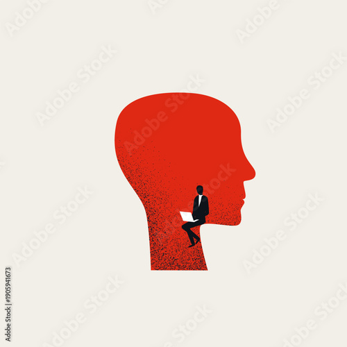 A minimal vector illustration of a business startup concept. An entrepreneur and AI content creator works inside a red head silhouette, symbolizing a founder developer mind.