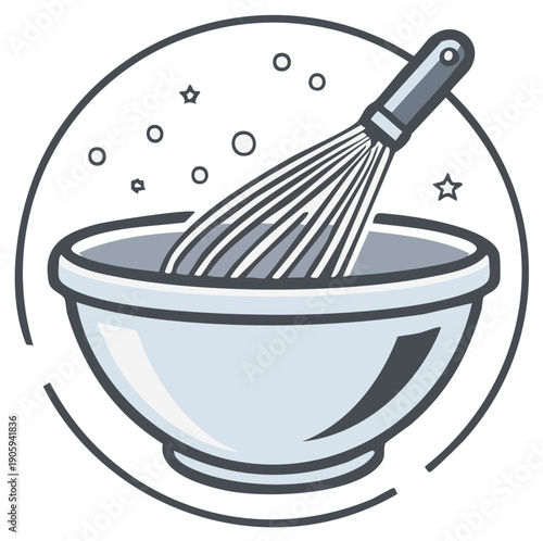 Cartoon whisk inside a bowl, kitchen tools, utensils for cooking, stirring and mixing ingredients for baking, food prep