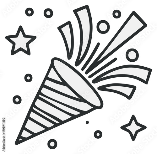 Party popper exploding with confetti and stars illustration