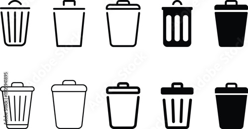 Vector collection of trash can icons featuring open and closed lids in solid and outline styles for delete and waste symbols