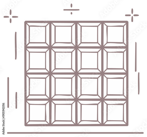 Hand drawn doodle illustration of a chocolate bar with a division symbol and sparkles concept of sharing