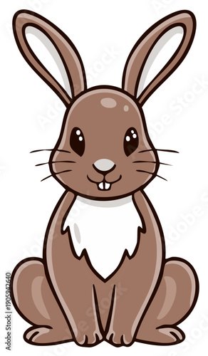 Cute cartoon brown bunny with big ears and happy expression sitting