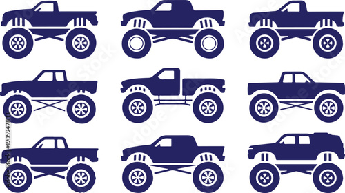 A grid of nine blue silhouette illustrations featuring various monster trucks with large wheels