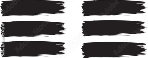 A set of six rough black rectangular brush strokes featuring textured edges on a plain white surface