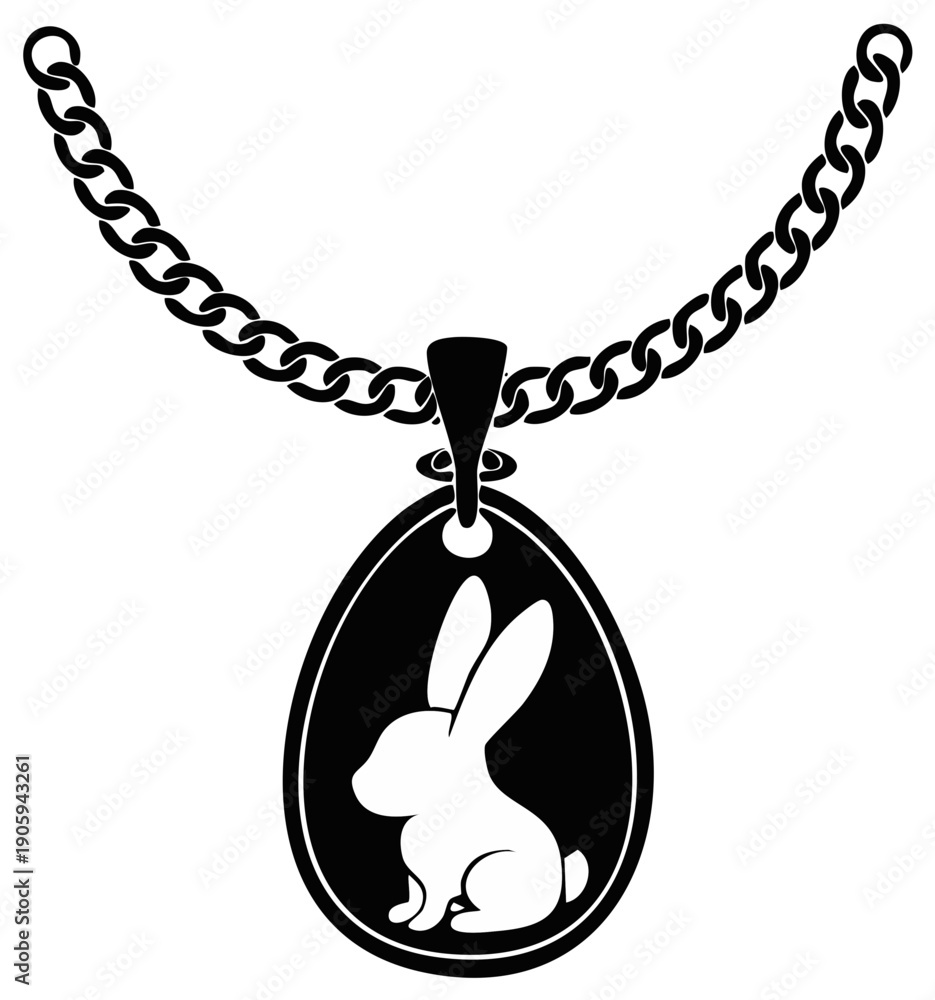 Fototapeta premium Elegant Egg Pendant Necklace with a Stylized Rabbit Silhouette on a Chain, Jewelry Design Element