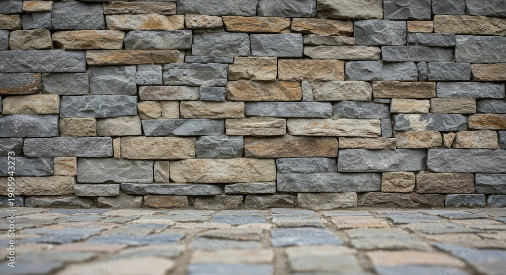 Obraz premium A rustic stone wall with a textured, layered appearance stands behind a cobblestone floor, creating a sense of depth and dimension