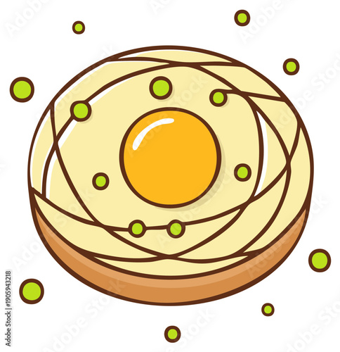Cartoon Fantasy Food Illustration, Circular Donut with Cream and Spheres, Dessert Graphic
