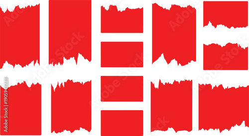 Collection of red rectangular shapes with rough torn edges on a clean white background