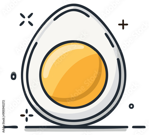 Stylized illustration of a halved boiled egg with bright yolk. Minimalist cartoon isolated drawing. Egg food vector image.