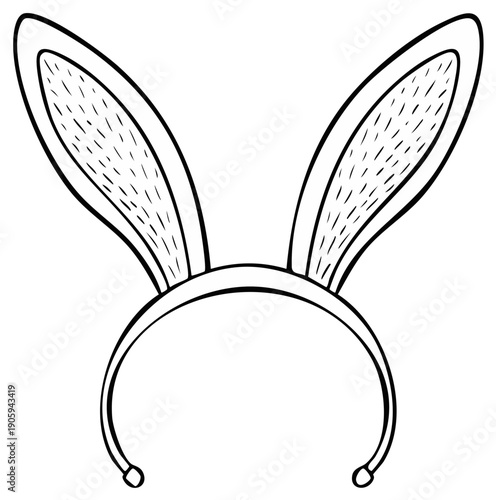 Black and White Outline of Bunny Ears Headband with Textured Fur Detail