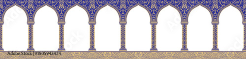 Muslim arch with gold ornament and white background vector illustration. Islamic architecture. Arches on the ornamented column in the east style. A wall consisting of many arches placed side by side.