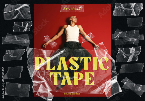 Set of 15 Clear Plastic Tape Overlay PNG Textures. Graphic Design Overlay Elements.