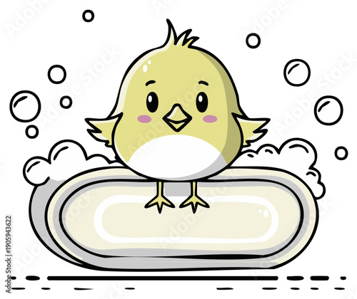 A cute cartoon baby chick taking a bath on a bar of soap with foam and bubbles, a clean hygiene concept illustration