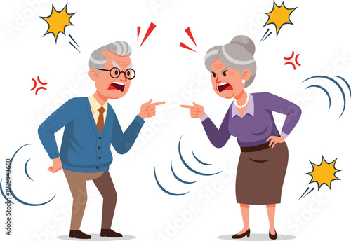 Angry Senior Couple Shouting and Pointing Fingers in Argument Character Illustration for Relationship Counseling, Family Conflict Articles, and Aging Psychology Blogs