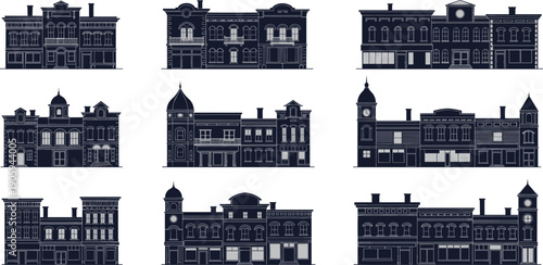 Black and White Vector Silhouette Collection of Historic Small Town Storefronts and Vintage Commercial Buildings for Heritage Main Street Urban Design Projects